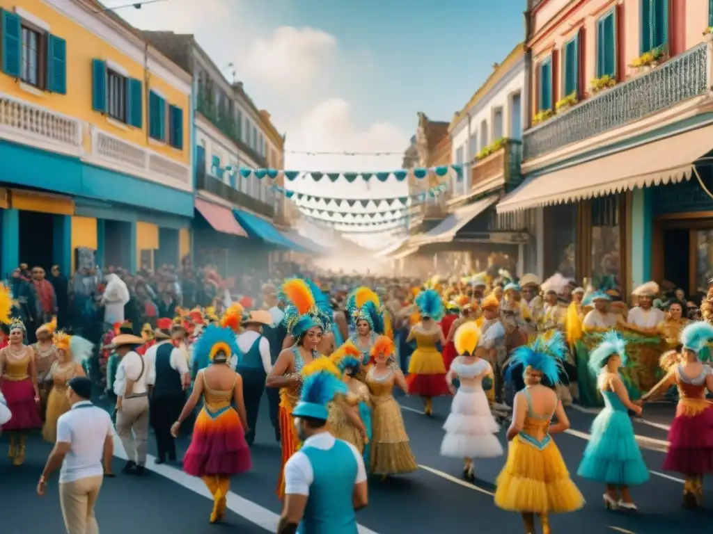 Pintura detallada del Carnaval Uruguayo, muestra carrozas coloridas, bailarines y espectadores entusiastas en las calles