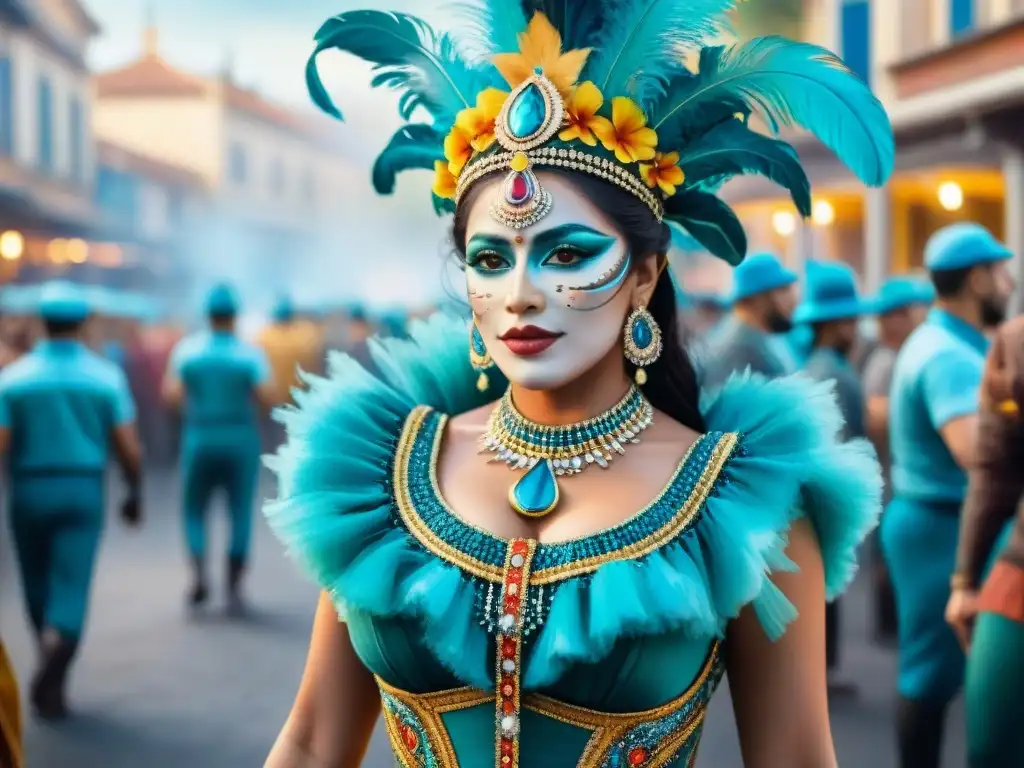 Una pintura detallada del Carnaval Uruguayo, con vibrantes trajes y bailarines, reflejando la estrategia económica del evento