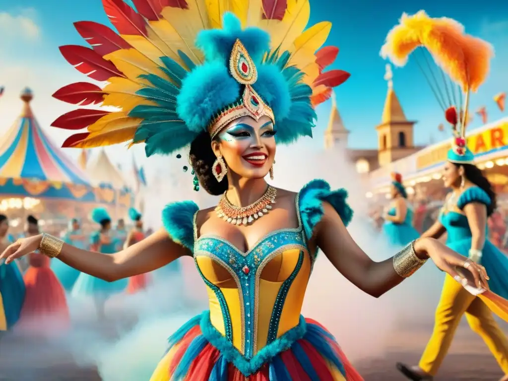 Pintura detallada de Carnaval Uruguayo fusionando tradiciones locales y del mundo en una representación visualmente impactante