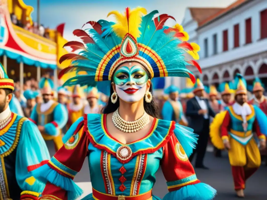 Pintura detallada de Carnaval Uruguayo con influencia rioplatense, mostrando danzas, trajes y música vibrante