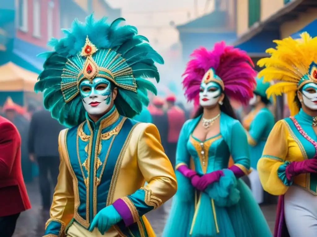 Pintura detallada de Carnaval Uruguayo detrás escena con colores vibrantes y músicos y bailarines preparándose