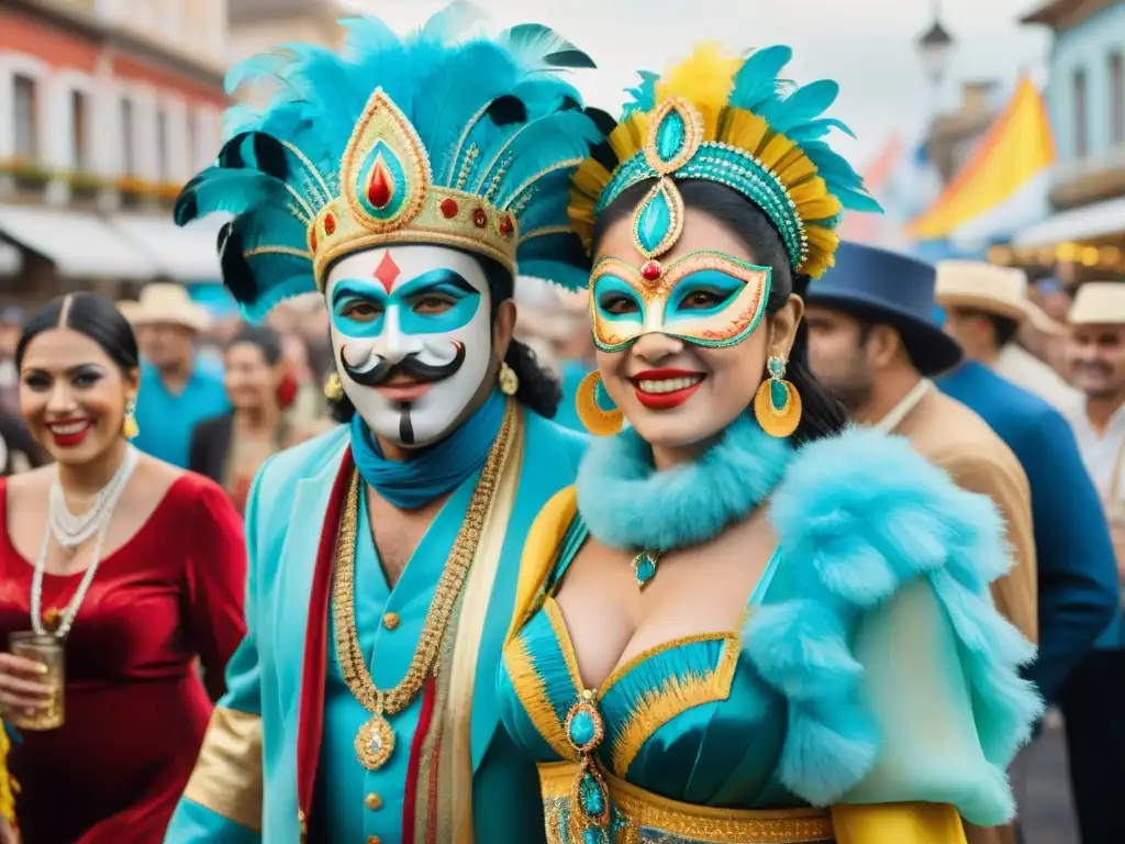 Una pintura acuarela detallada del Carnaval Uruguayo, celebrando la diversidad con trajes coloridos y música tradicional