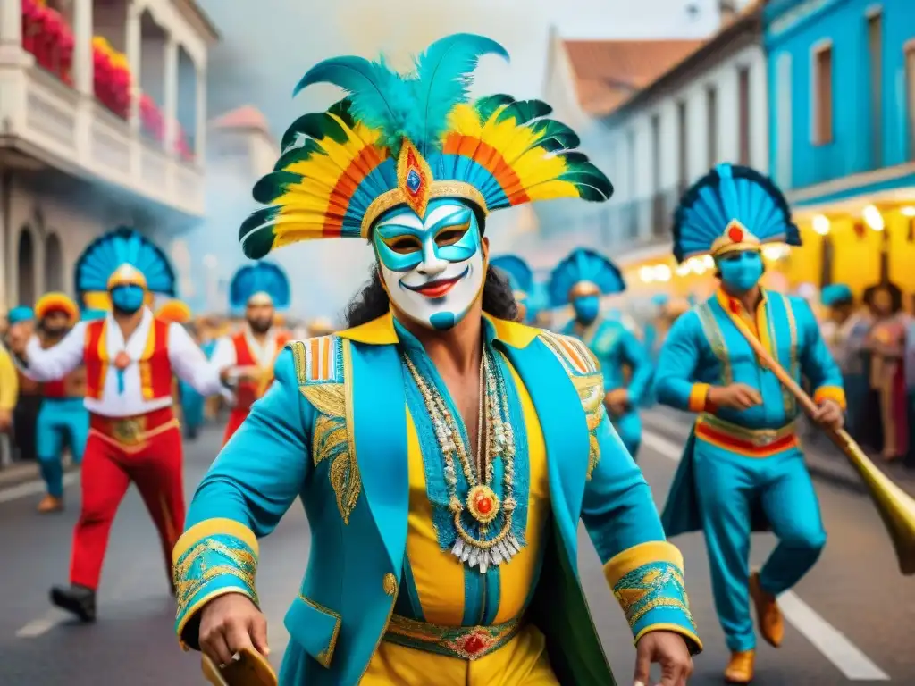 Pintura detallada del Carnaval Uruguayo, con trajes coloridos, máscaras elaboradas y bailarines energéticos en las calles