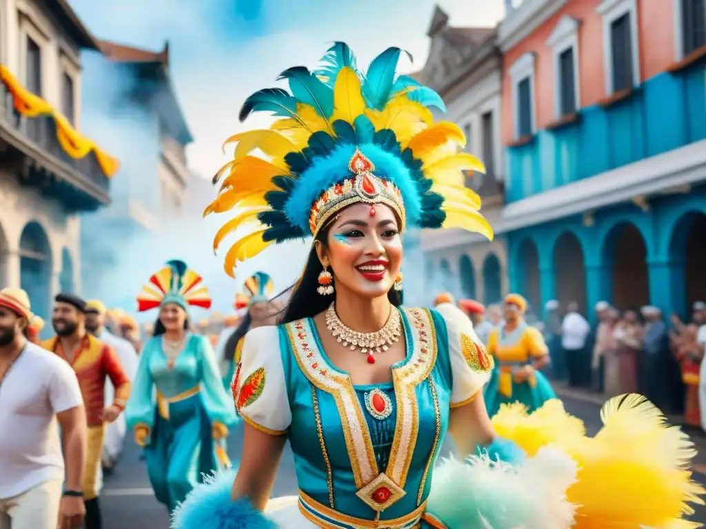 Pintura detallada de carnaval uruguayo con coloridos desfiles y espectadores animados