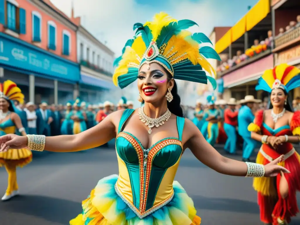 Pintura detallada del Carnaval Uruguayo: colores vibrantes, danzas alegres y formas elaboradas en una escena festiva y dinámica