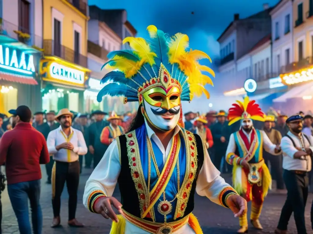 Una pintura detallada del Carnaval Uruguayo con vibrante escena callejera