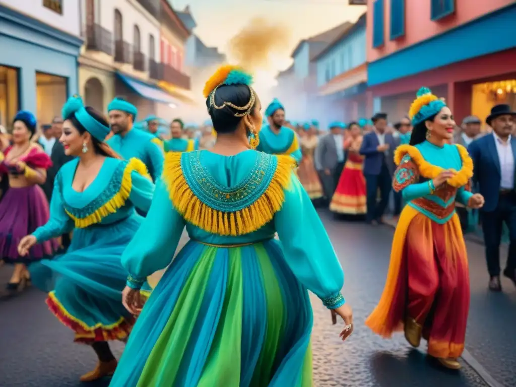 Pintura detallada del Carnaval Uruguayo, con bailarines y espectadores disfrutando de la festividad