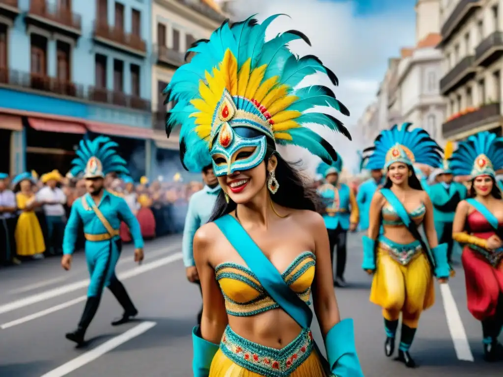 Pintura detallada del Carnaval Uruguayo, con bailarines y músicos en desfile festivo