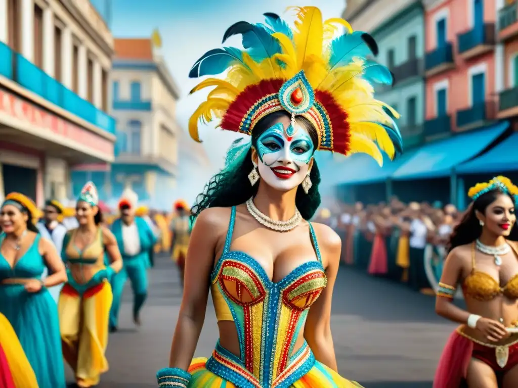 Una pintura detallada del Carnaval Uruguayo con energía festiva y colorida