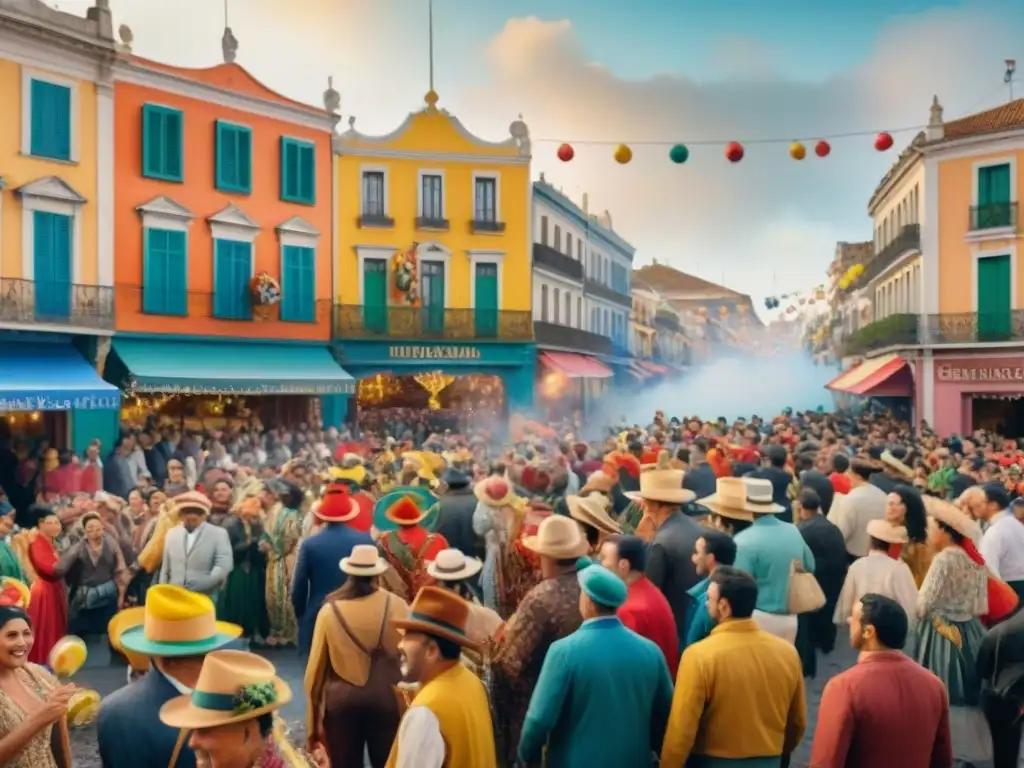 Pintura detallada del carnaval uruguayo: coloridos desfiles y edificios tradicionales, capturando la historia Carnaval Uruguayo imágenes