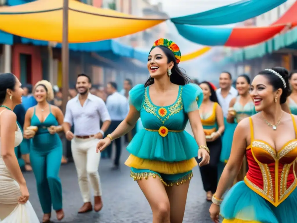 Pintura detallada de Carnaval Uruguayo con carros alegóricos, bailarines y espectadores disfrutando de empanadas criollas