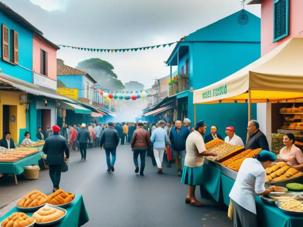 Pintura detallada de la cocina criolla en el carnaval de Uruguay, con coloridos puestos de comida y ambiente festivo