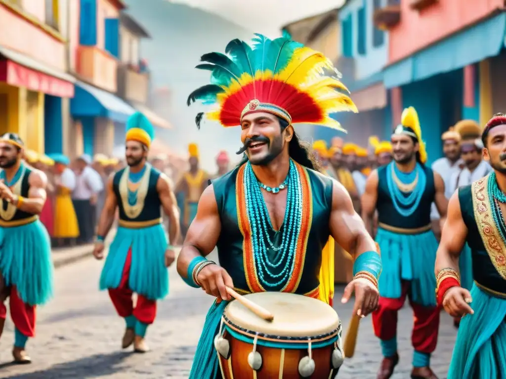 Una pintura detallada de una colorida murga uruguaya en pleno Carnaval, destacando las técnicas vocales para murga