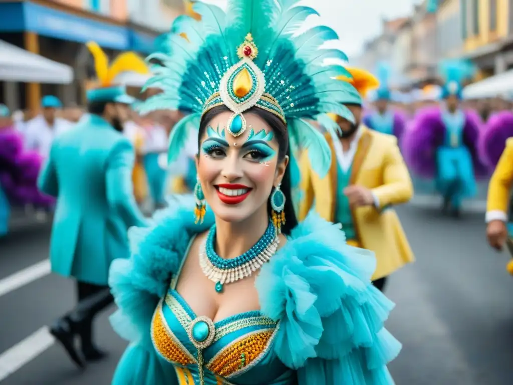 Pintura acuarela detallada en 8k del colorido Carnaval Uruguayo, mostrando su origen y evolución en una vibrante celebración callejera