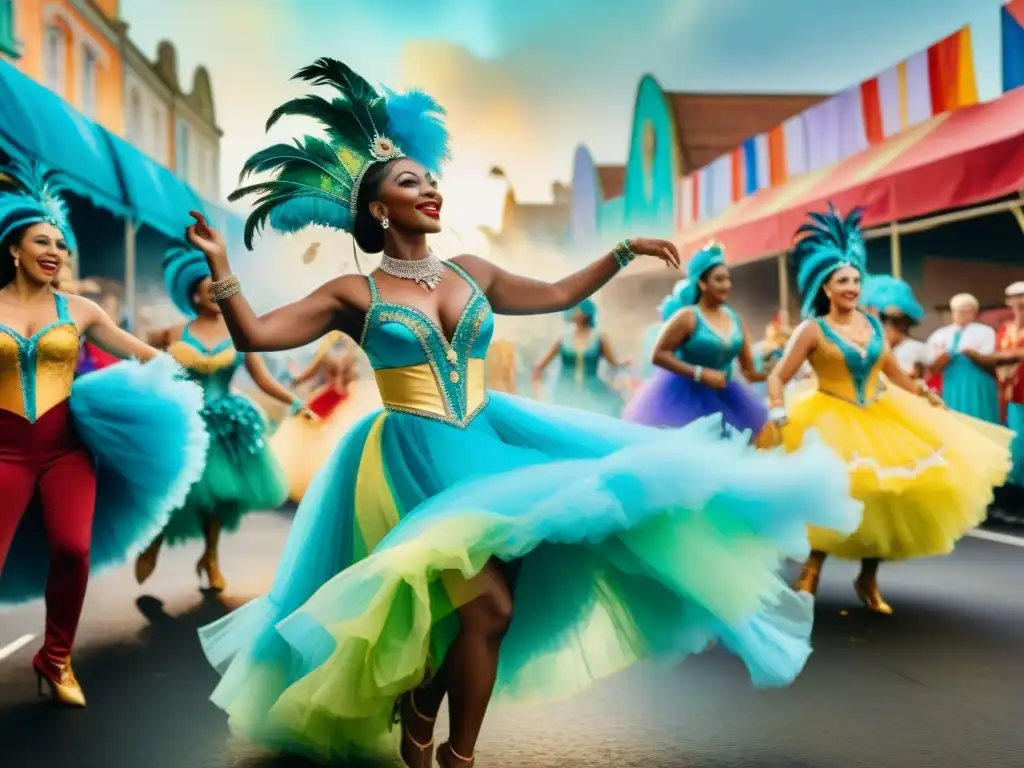 Vibrante danza de comparsas en el carnaval de géneros Una pintura acuarela detallada de comparsas de carnaval, celebrando la inclusión de género en un desfile festivo y colorido