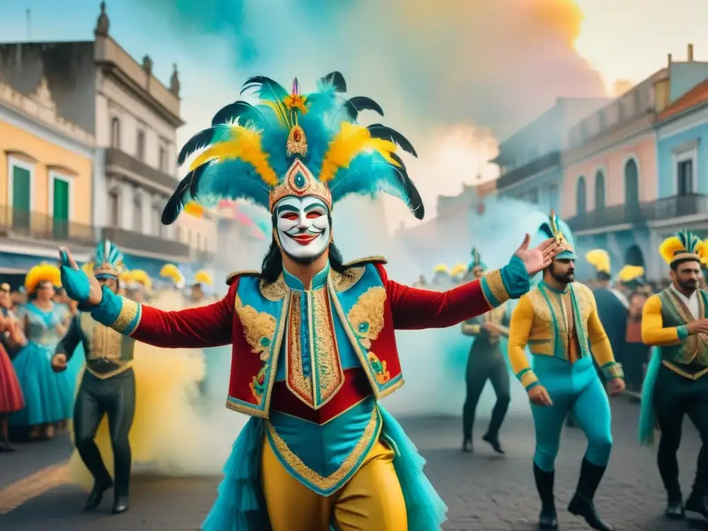 Una pintura acuarela detallada muestra el contraste entre el Carnaval tradicional y moderno en Uruguay