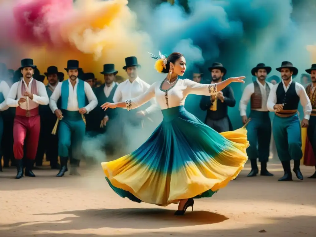 Pintura detallada de danza y música uruguaya integradas con colores vibrantes y movimientos fluidos