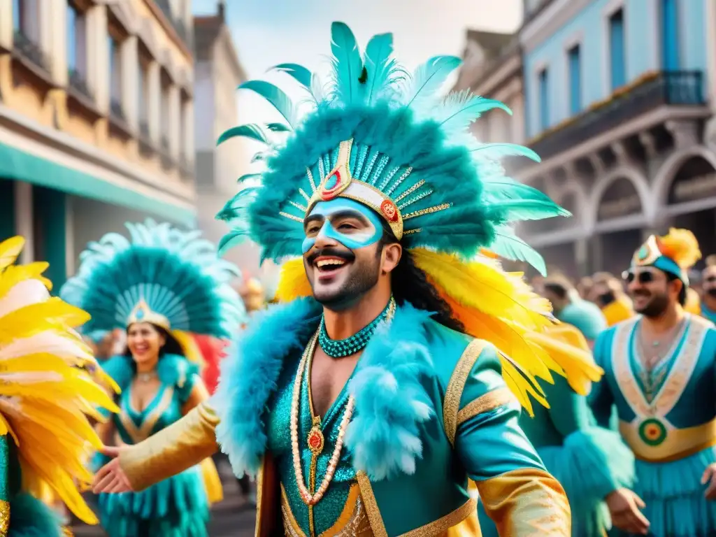 Una pintura detallada que captura la energía del vibrante Carnaval Uruguayo, una de las mejores experiencias