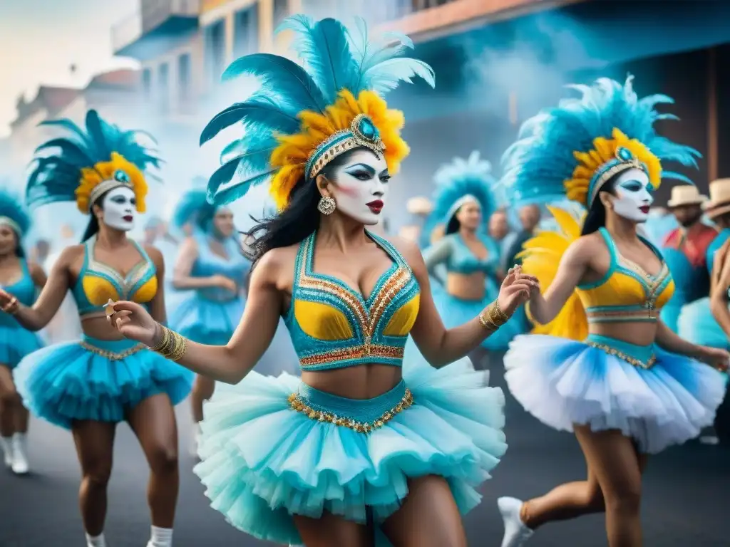 Una pintura detallada que captura la energía vibrante y los coloridos trajes de los bailarines en el Carnaval de Uruguay, reflejando la historia Carnaval Uruguayo miradas