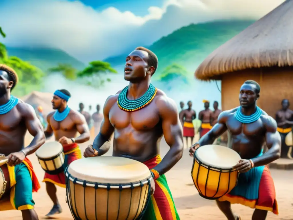 Pintura acuarela detallada de escena vibrante en aldea africana, con músicos y bailarines en trajes coloridos