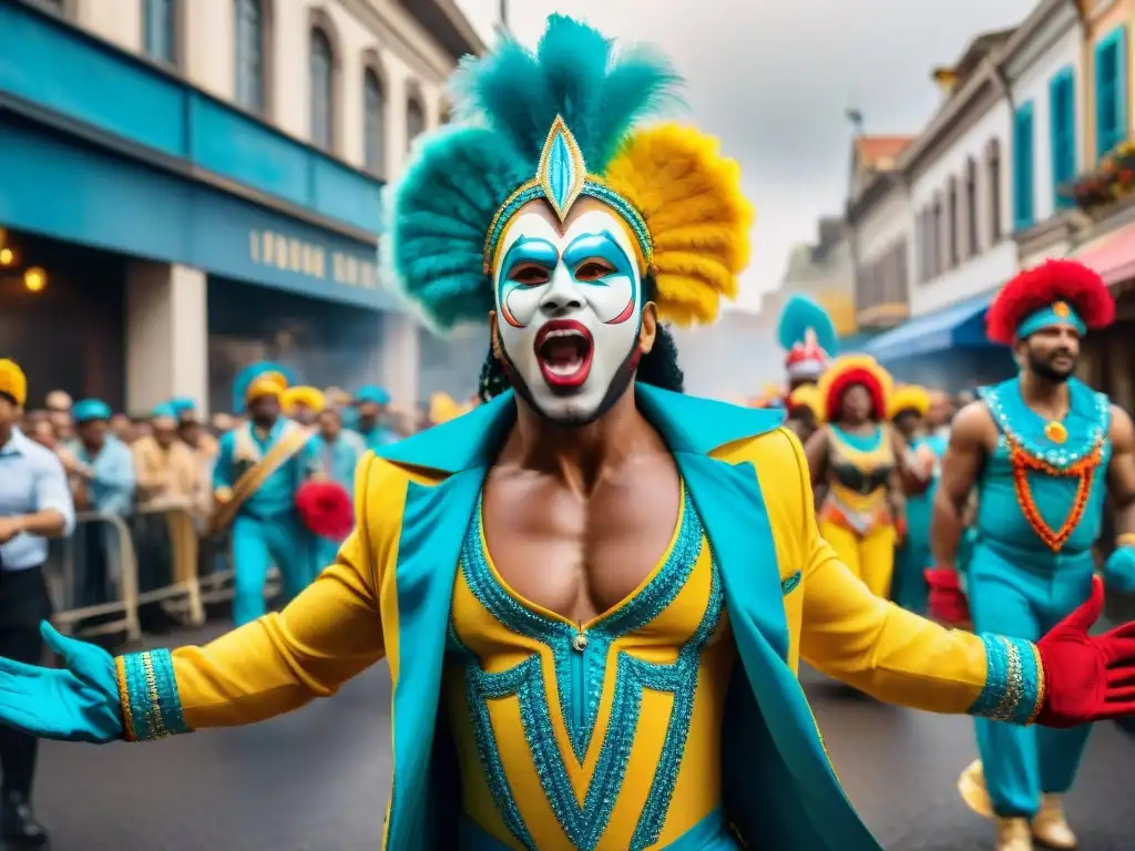 Pintura acuarela detallada capturando la esencia del Carnaval con coloridos trajes, música y baile festivo en la calle