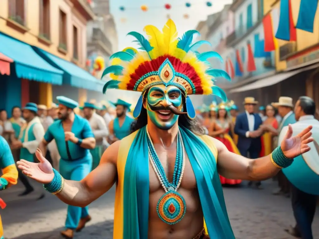 Una pintura detallada que capta la esencia verdadera del Carnaval Uruguayo con trajes coloridos, máscaras y música festiva