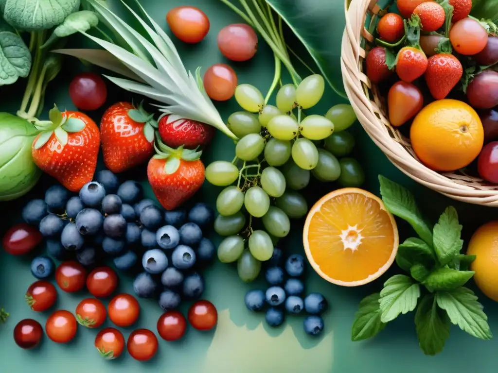 Una pintura detallada de frutas y verduras coloridas en cestas de mimbre