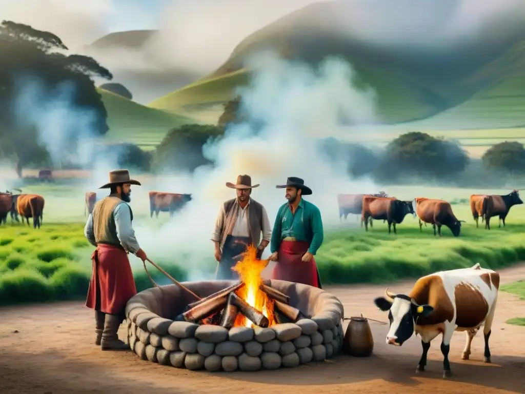 Pintura detallada de gauchos asando una vaca entera en un asado con cuero tradicional Uruguayo