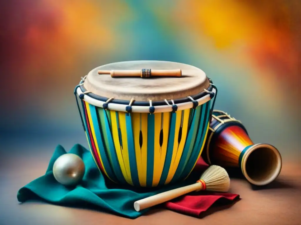 Una pintura acuarela detallada de instrumentos raros en el Candombe con colores vibrantes y patrones intrincados