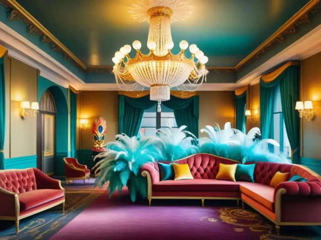 Una pintura detallada de un lujoso lobby de hotel decorado con colores vibrantes de carnaval, máscaras ornamentales y plumas