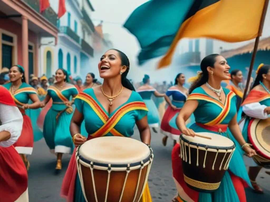 Pintura detallada de mujeres en el Candombe Uruguayo, celebrando la cultura y la diversidad con ritmo y color