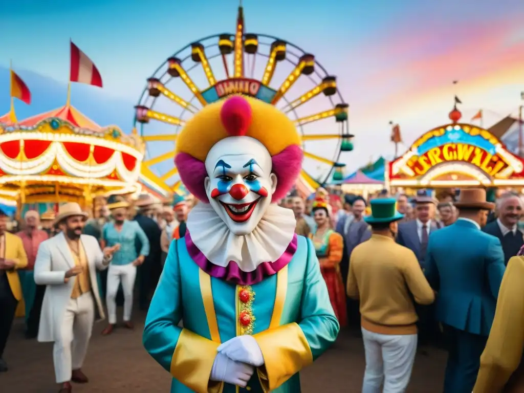 Pintura detallada de payasos alegres en un carnaval uruguayo