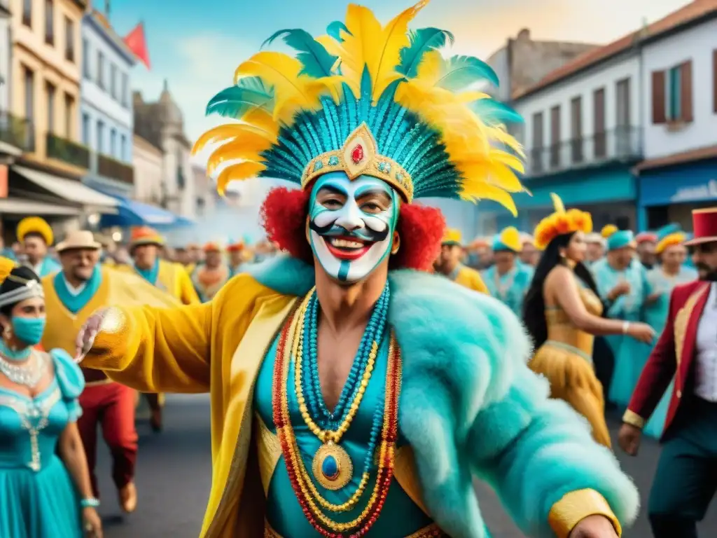 Una pintura acuarela detallada del vibrante Carnaval en Uruguay, con desfiles, bailarines y espectadores alegres