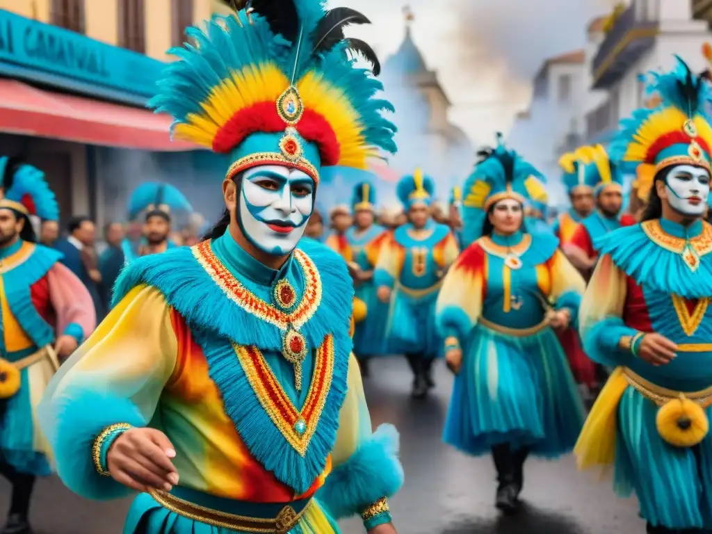 Pintura acuarela detallada del vibrante Carnaval Uruguayo con trajes elaborados, bailarines energéticos y coloridas carrozas en las calles