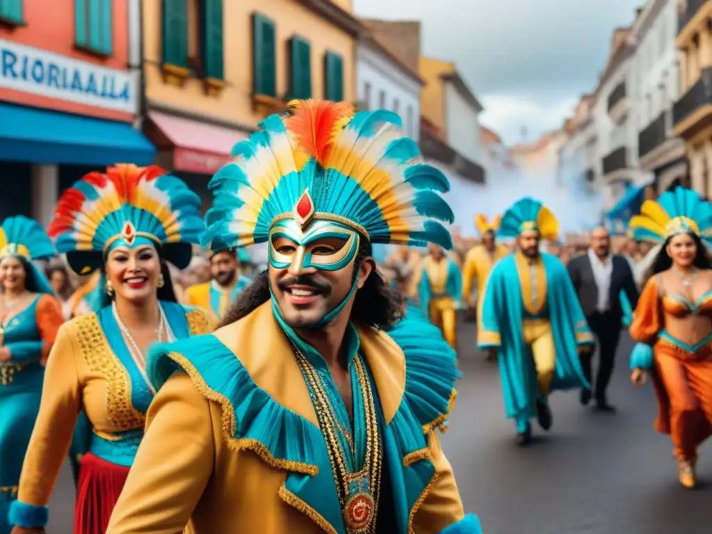 Una pintura acuarela detallada del vibrante Carnaval Uruguayo, con coloridos trajes y desfiles festivos