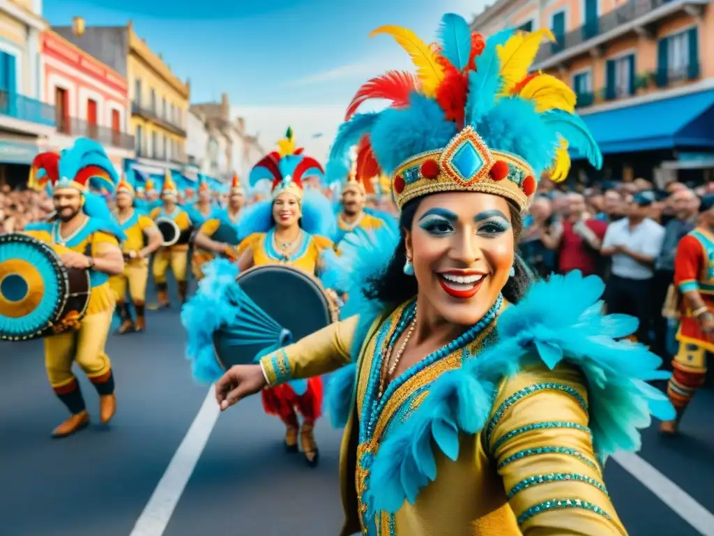 Una pintura acuarela detallada del vibrante Carnaval en Uruguay con danzas, tambores y espectadores felices bajo el cielo azul