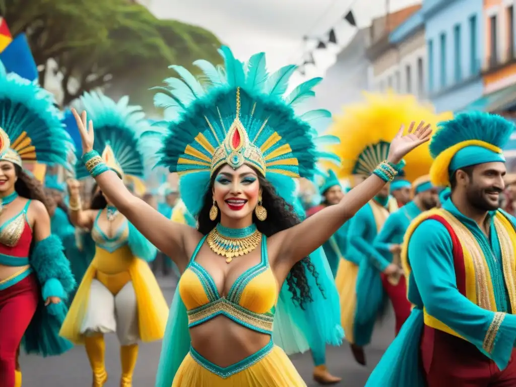 Una pintura detallada muestra el vibrante Carnaval uruguayo con ecoemprendimientos y coloridos trajes