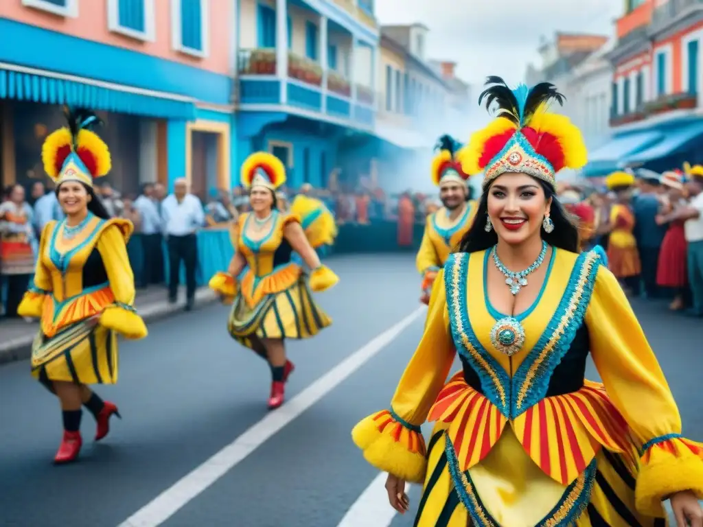 Una pintura acuarela detallada del vibrante Carnaval Uruguayo, con trajes coloridos, carrozas y bailarines alegres