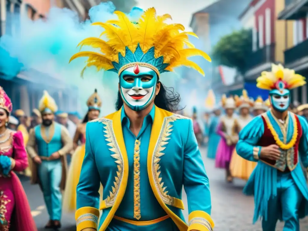 Pintura acuarela detallada del vibrante Carnaval en Uruguay, con trajes y máscaras elaboradas