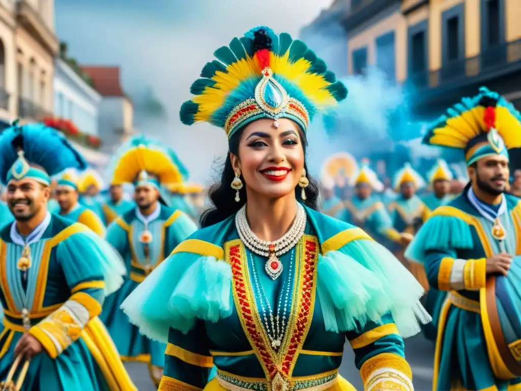 Una pintura detallada del vibrante Carnaval Uruguayo, con coloridos bailarines, músicos y espectadores en un desfile festivo