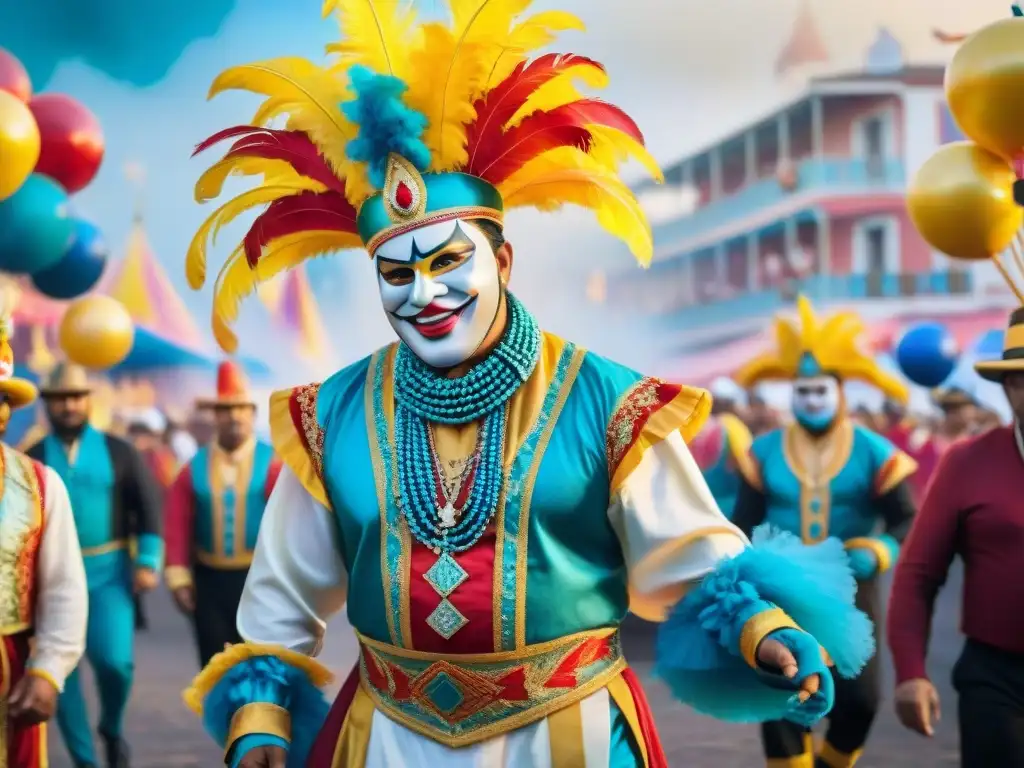 Una pintura acuarela detallada del vibrante Carnaval uruguayo, transmitiendo el impacto económico del evento con colores y movimiento