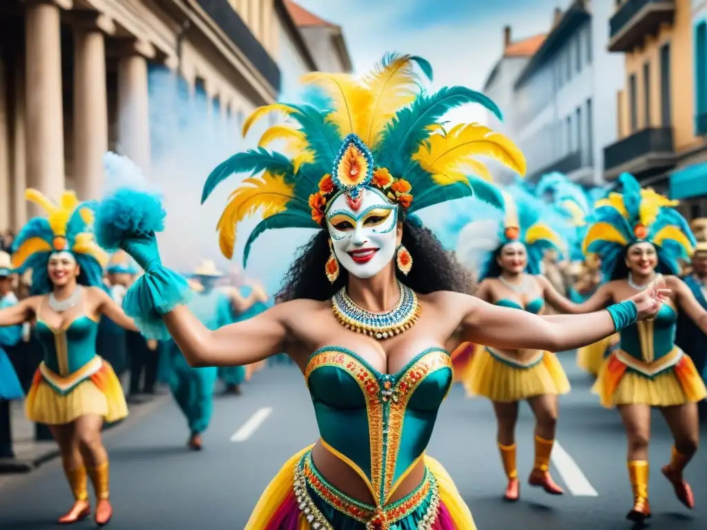 Una pintura acuarela detallada del vibrante Carnaval uruguayo, con influencias europeas y coloridos trajes en las bulliciosas calles de Uruguay