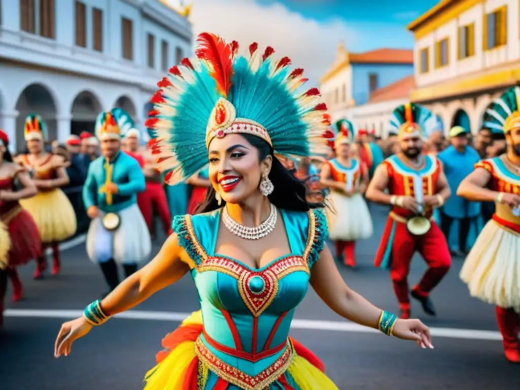 Una pintura acuarela detallada del vibrante Carnaval Uruguayo, con bailarines, músicos y una multitud alegre