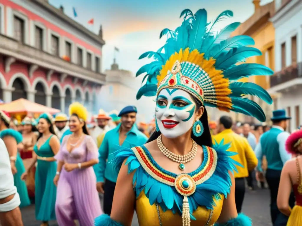 Una pintura detallada del vibrante Carnaval Uruguayo, con bailarines coloridos y espectadores entusiastas