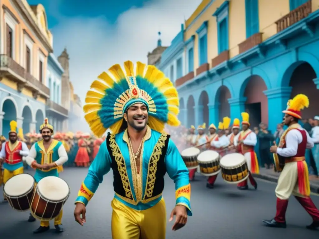 Pintura acuarela detallada del vibrante desfile de Carnaval en Uruguay con músicos y 'Instrumentos típicos Carnaval Uruguayo'