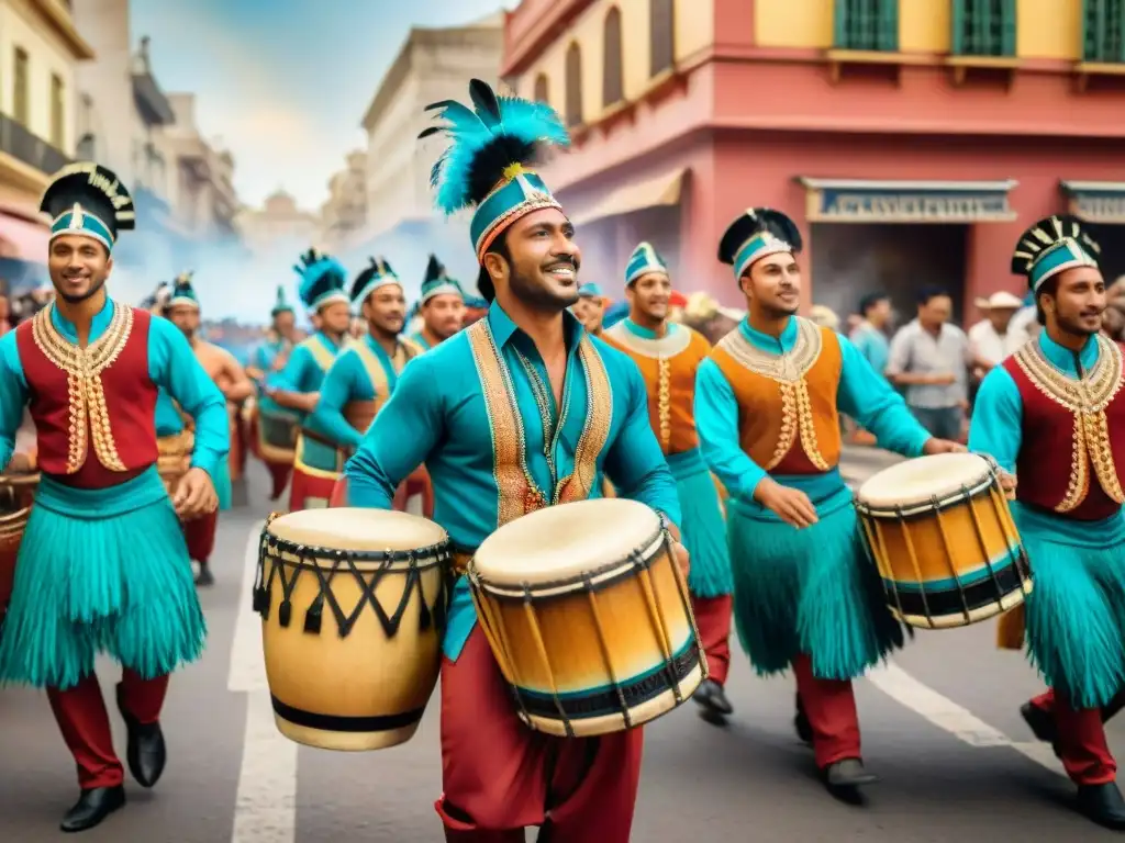 Pintura detallada de un vibrante desfile de Candombe en Montevideo, Uruguay