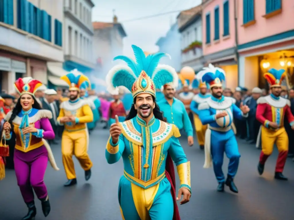 Una pintura acuarela detallada del vibrante desfile de Carnaval en Uruguay, con carrozas coloridas, bailarines y músicos