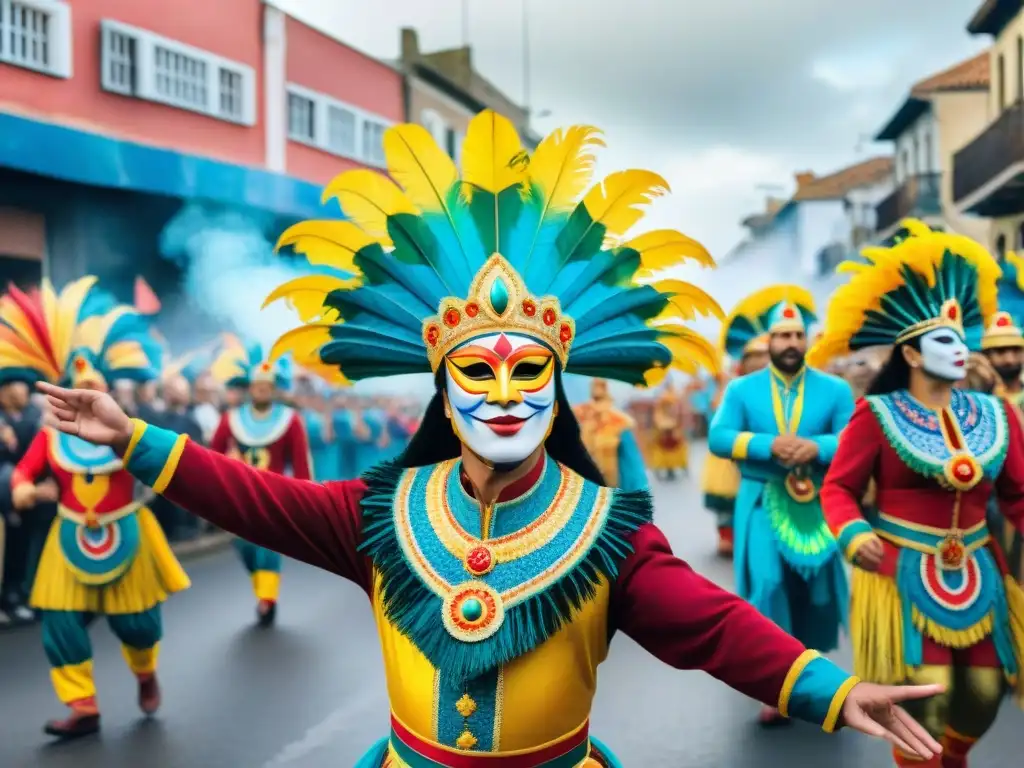 Una pintura detallada del vibrante desfile de Carnaval en Uruguay