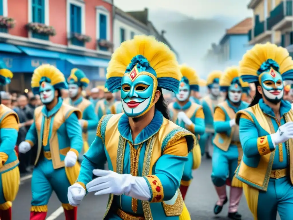 Una pintura detallada que muestra el vibrante desfile de carnaval en Uruguay, con trajes coloridos y música festiva