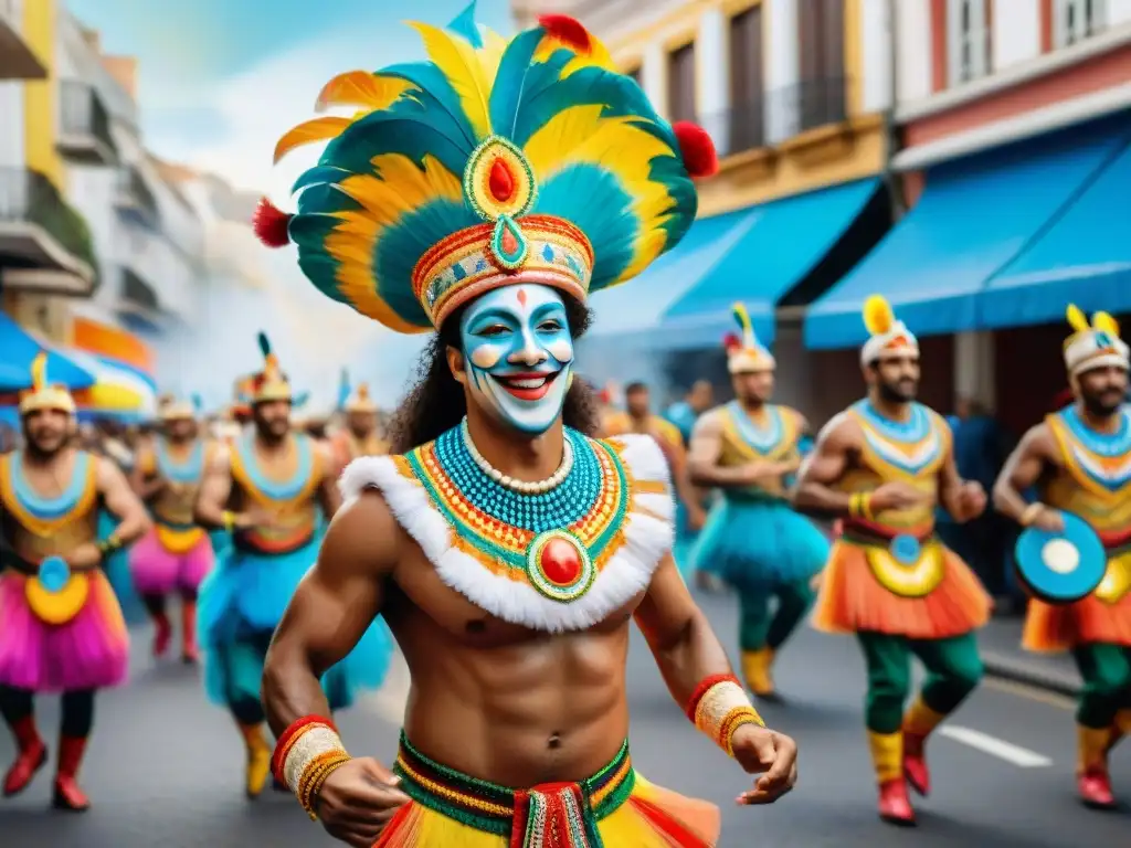 Una pintura detallada de un vibrante desfile de Carnaval en Uruguay, con músicos, bailarines y espectadores alegres